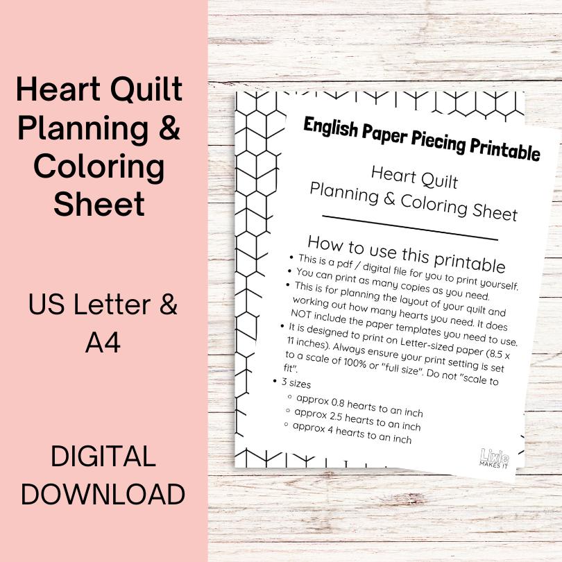 EPP Heart Quilt Planning & Coloring Sheet (Digital Download in US Letter and A4 sizes)