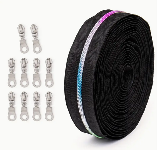 11 Yards of Black Nylon Zipper Tape with Colorful Teeth, with Pulls