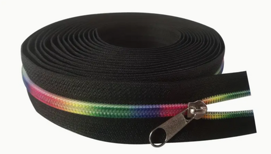 11 Yards of Black & Rainbow Zipper Tape with Pulls