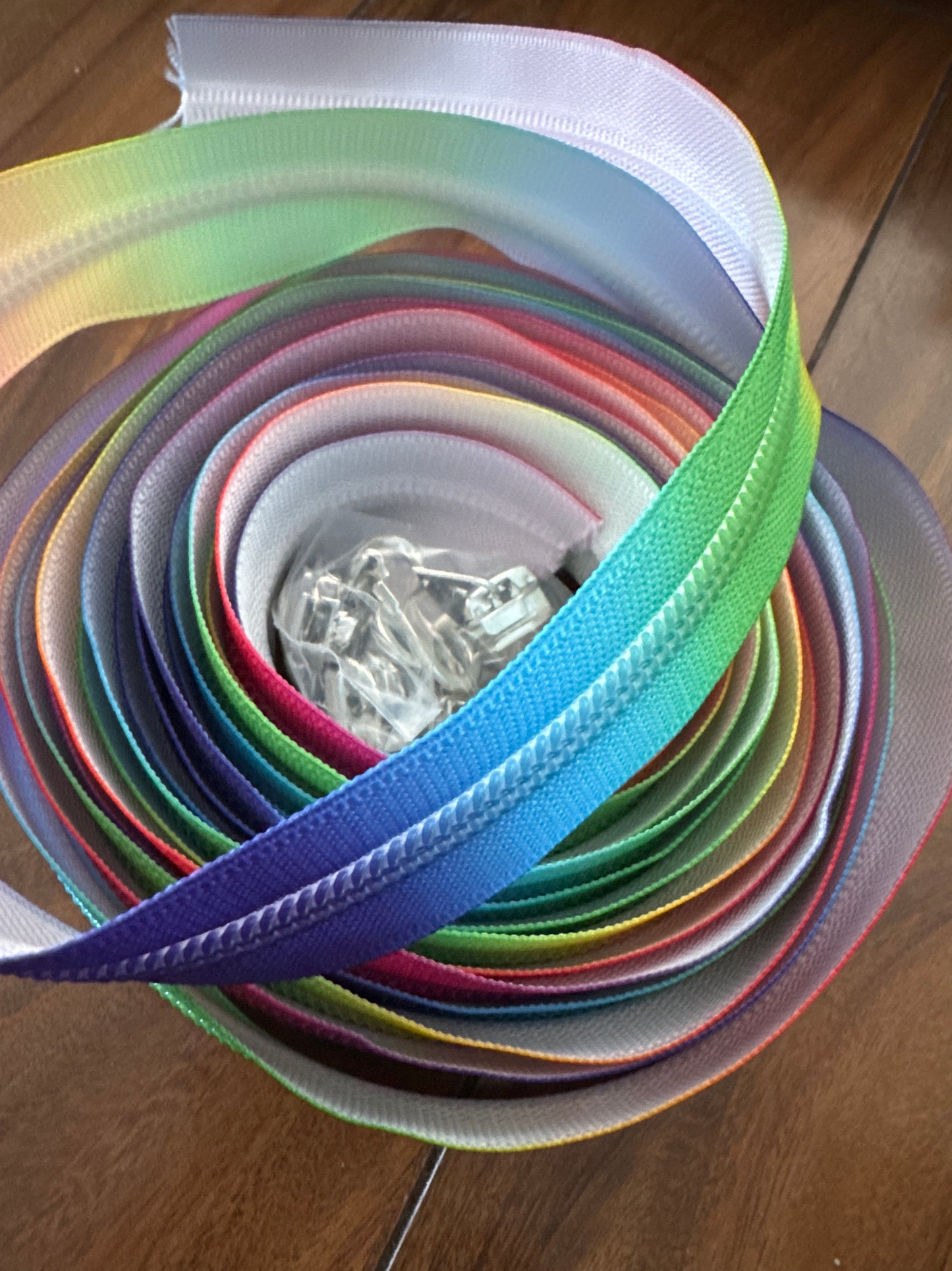 11 Yards of Rainbow Ombré Nylon Zipper Tape with Pulls