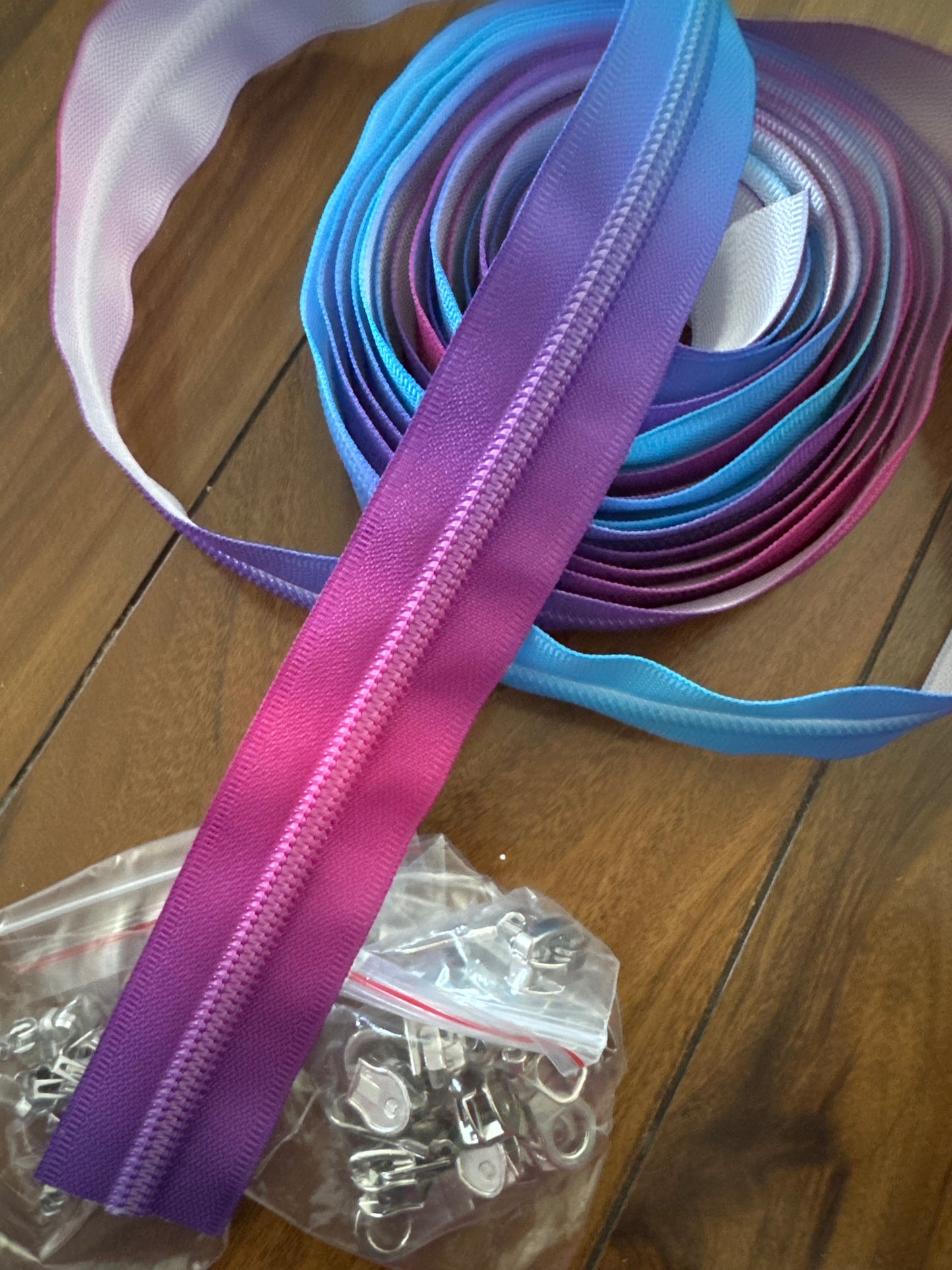 11 Yards of Blue Pink Purple Ombre Nylon Zipper Tape with Pulls